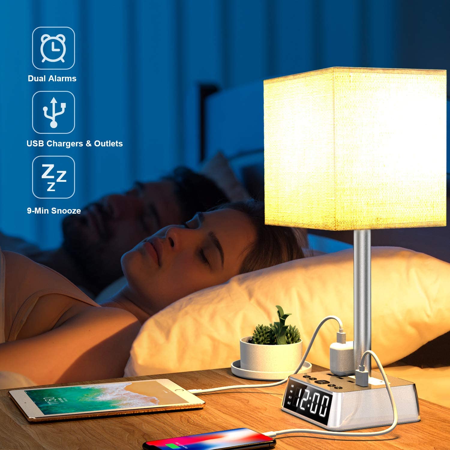 Table Lamp, 4 USB Ports & AC Power Outlets, Alarm Clock