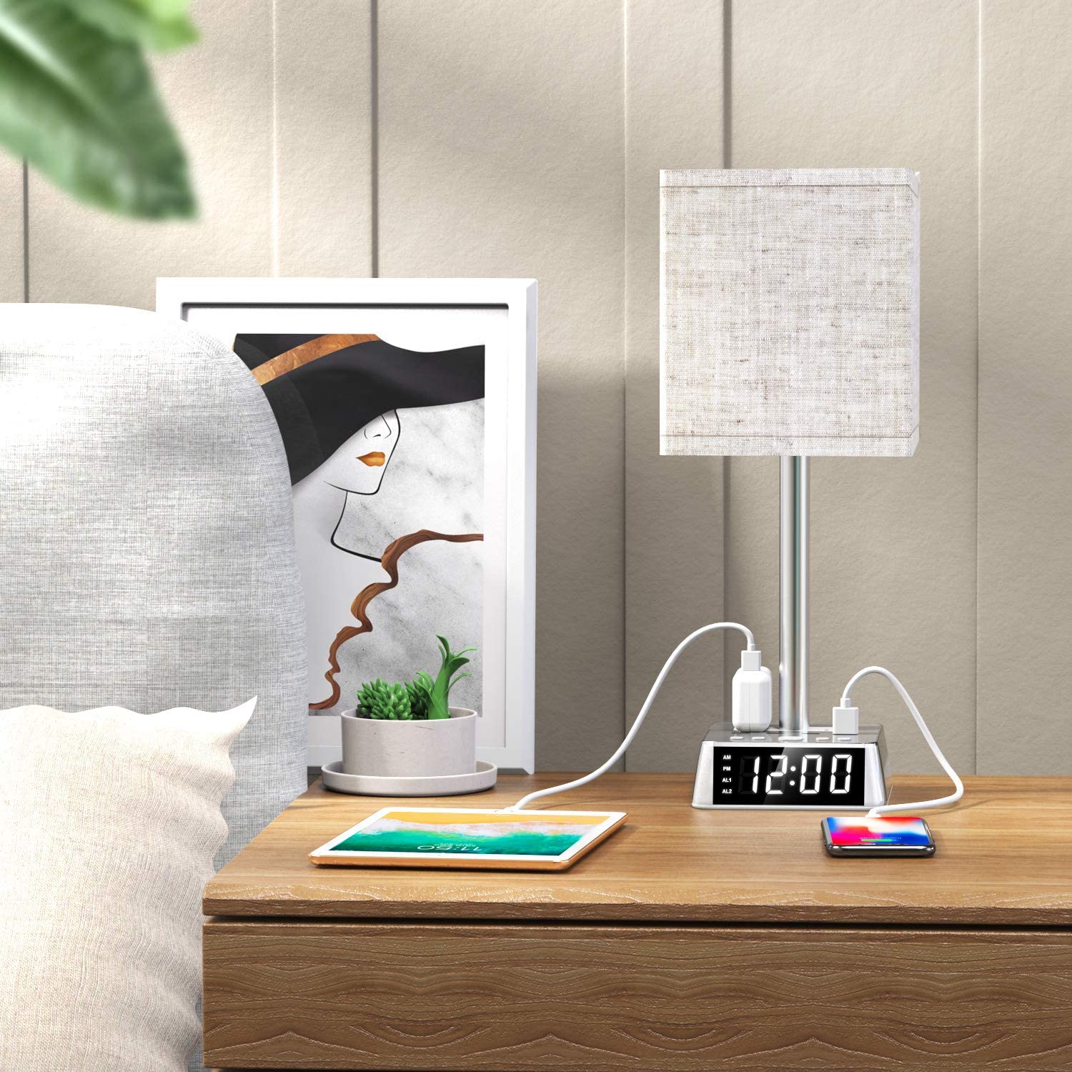 Table Lamp, 4 USB Ports & AC Power Outlets, Alarm Clock